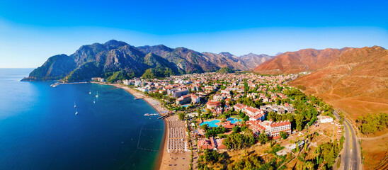 Icmeler town beach aerial panoramic view in Turkey