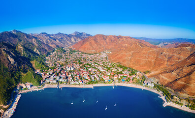 Icmeler town beach aerial panoramic view in Turkey