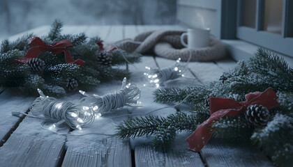 A snow-covered porch, with festive garlands and lights removed and rolled up, creates a calm, peaceful atmosphere. The soft winter light, scattered decor create a quiet post-holiday mood.