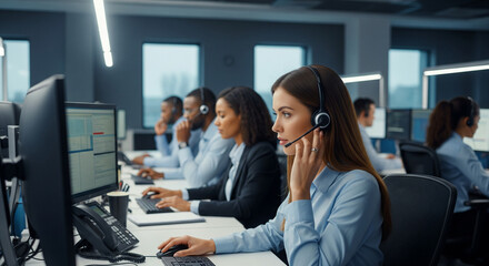 Support Team Dynamics: A focused team of customer service representatives, each engaged in assisting clients. It's a blend of efficiency and empathetic service in a modern workplace setting.