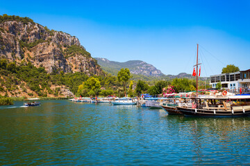 Boats at Dalyan river in Dalyan town, Turkey