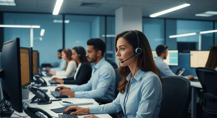 Customer Service Excellence: A professional customer service representative, donned in a headset, provides support amidst a busy office environment, embodying professionalism and dedication.