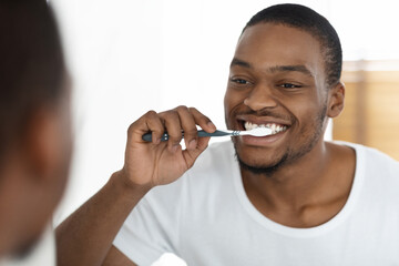 A young man with a bright smile is brushing his teeth in front of a mirror in a well-lit bathroom. He appears happy and focused on his personal care routine.
