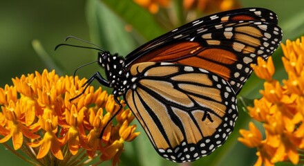 Fototapeta premium Striking orange and black insect rests upon vibrant yellow bloom in nature