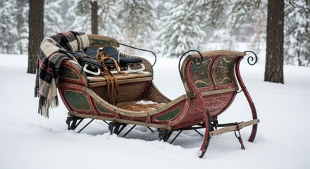 Antique wooden sleigh rests in deep fresh snow among evergreen trees