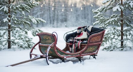 Vintage sleigh rests decorated with warm blanket and white ice skates in a snowy woodland setting
