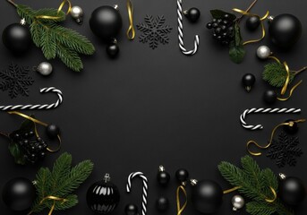 Fototapeta premium Elegant Christmas concept on a black background with festive elements and holiday accents.