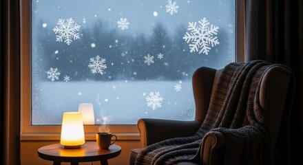 Cozy interior scene featuring a warm lamp and hot beverage beside a window overlooking a snowy outdoor landscape