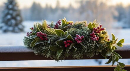 Frost covered decorative holiday greenery arrangement rests upon a snow dusted ledge outdoors