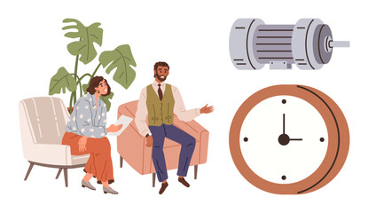 Business colleagues having a conversation on chairs with industrial motor and clock nearby. Ideal for teamwork, productivity, time management, career growth, innovation, collaboration, efficiency
