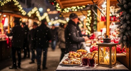 Festive holiday market scene features glowing lantern and warm seasonal treats amidst falling snow