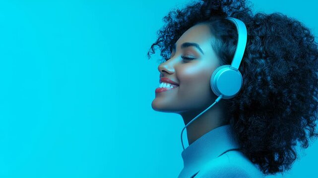 Woman listens to music with closed eyes and a serene smile against a clean blue background with ample empty space for text on the left. Contemporary portrait conveys calm, focus, technology and lifest