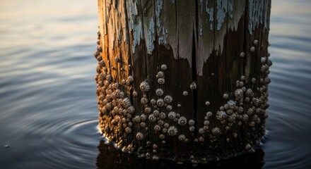 Weathered wooden piling densely covered in small marine organisms stands partially submerged in dark water at sunset.