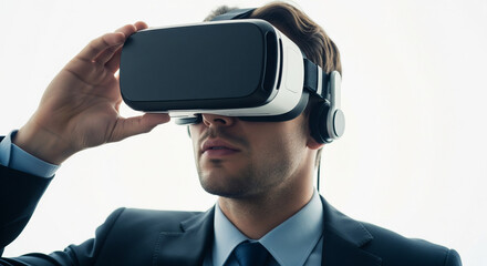 Virtual immersion: A business executive, engrossed in virtual reality, his hand delicately adjusting the VR headset, his gaze focused, ready to explore the virtual world.