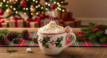 Steaming mug of holiday hot chocolate sits on a wooden table amidst festive decorations