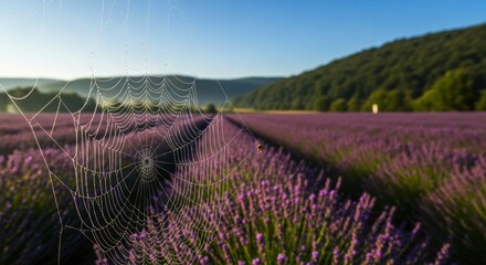 Intricate spiderweb glistening with morning dew stretches across rows of vibrant lavender flowers