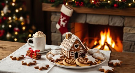 Festive holiday treats including a decorated edible house are displayed near a warm, glowing fireplace
