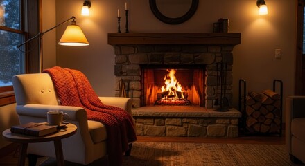 Cozy interior scene features a crackling stone fireplace and comfortable seating beside a window showing snow