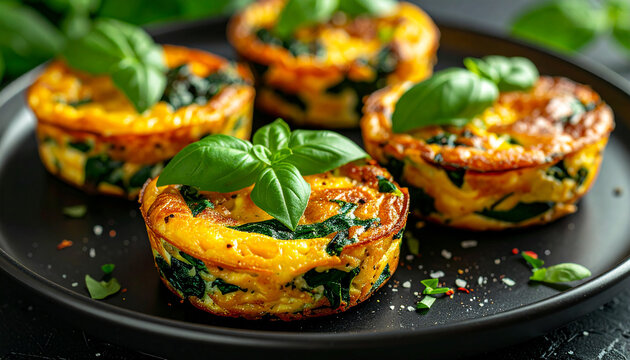 Baked mini frittatas with spinach and basil garnish on black plate. Healthy breakfast or brunch