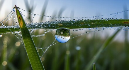 Tiny droplets of morning moisture cling to a delicate web strung between blades of grass