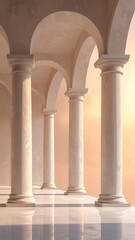 Classical Colonnade Arches With Ionic Columns And Reflective Floor At Sunset