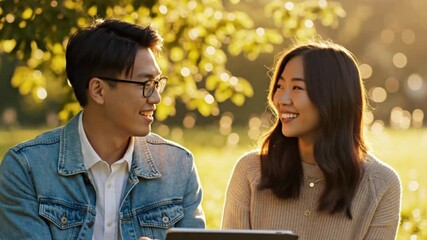 Young students smile and share their experiences of learning with a digital tablet in a sunny park with warm bokeh for the concept of outdoor learning and relationships