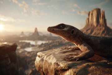Reptile sunning on rock in arid landscape
