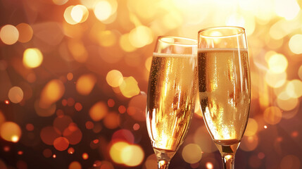 Two champagne glasses clinking together against a festive bokeh background