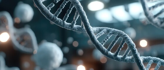 Explore human anatomy through 3d render showing dna structure and microscopic elements with a blue background at a scientific setting