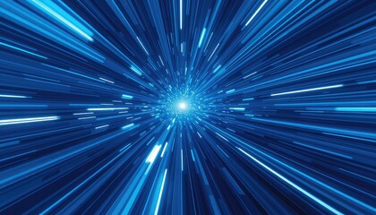 Speed of light burst through a deep space vortex of glowing blue lines