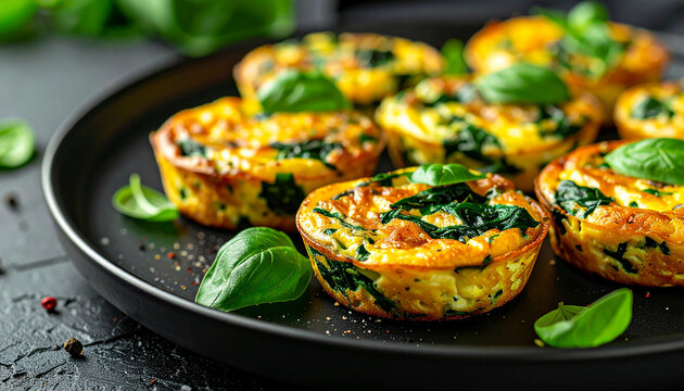 Baked mini frittatas with spinach and basil garnish on black plate. Healthy breakfast or brunch