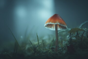 Fototapeta premium Single mushroom in foggy forest clearing