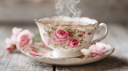 Steaming floral bone china teacup