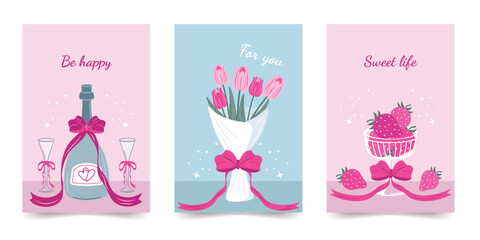 A set of fashionable postcards with birthday, women's day, and mother's day greetings. Vintage posters with messages for congratulations. Vector design.