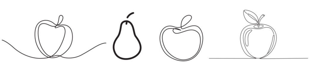 Simple line art illustrations depicting various apple shapes and a pear