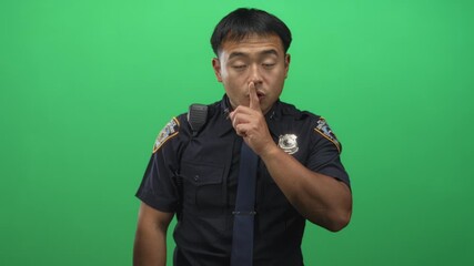Policeman with shoulder radio and badge holds finger to lips for silence in green studio; authority trust.