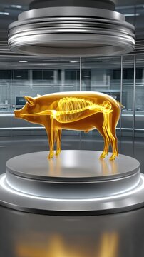 3d-rendered illustration of a glowing pig showing internal anatomy on a podium in a medical lab with realistic ambient lighting
