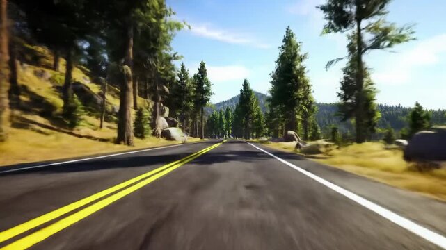 Smooth eye-level forward-tracking video on dark asphalt, vivid lines, winding through dense pine forest, rugged rocks, distant mountains under azure sky, golden sunlight. Concept of tranquil travel
