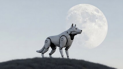Robotic wolf stands on a hill under a large full moon