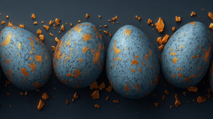 Blue eggs with orange spots arranged in a row on surface