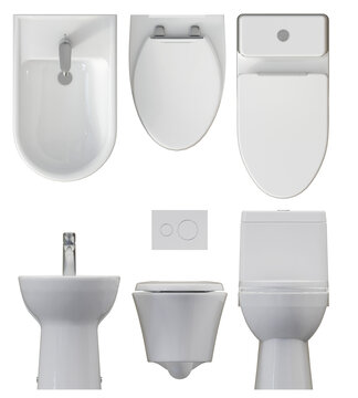 Set of Modern Bathroom Fixtures - Bidet, Wall-Hung Toilet, and Flush Plate -top view, front 3D Render