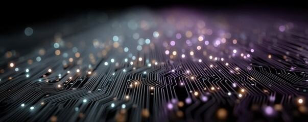 Futuristic circuit board design with blue and purple glow and bokeh lights