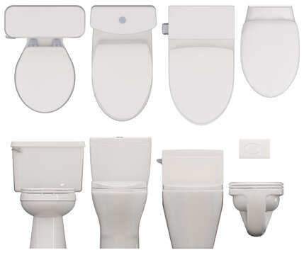 Set of Various Modern White Ceramic Toilet and Bathroom Fixture Models - top view, front view 3D Render