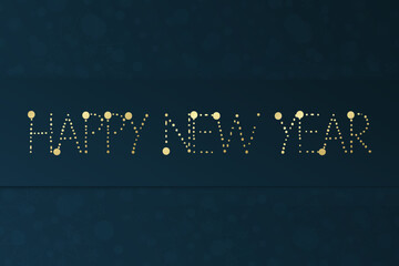 Happy New Year vector greeting card. Stars and snowflake background. Blue and gold illustration for celebration, congratulation, decoration, winter holiday, web design, frame