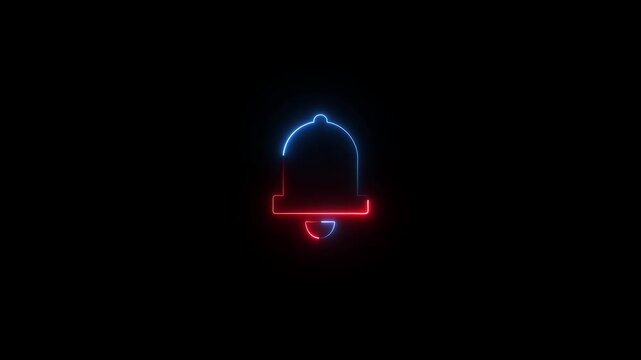Neon line ringing bell icon. Glowing neon bell sign outline notification pictogram. Notification neon icon. Alarm bell isolated on black background.