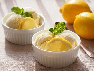Ice cream with fruits mint lemon in a bowl on a plate