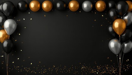 Elegant metallic spheres and festive golden particles adorn a dark background