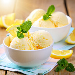 Ice cream with fruits mint lemon in a bowl on a plate