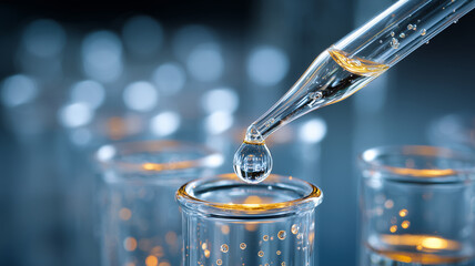 A chemist carefully measures drops of liquid using a high-precision micropipette.