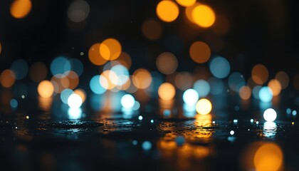 Abstract glow of bokeh lights reflecting on a wet dark surface with subtle sparkle accents